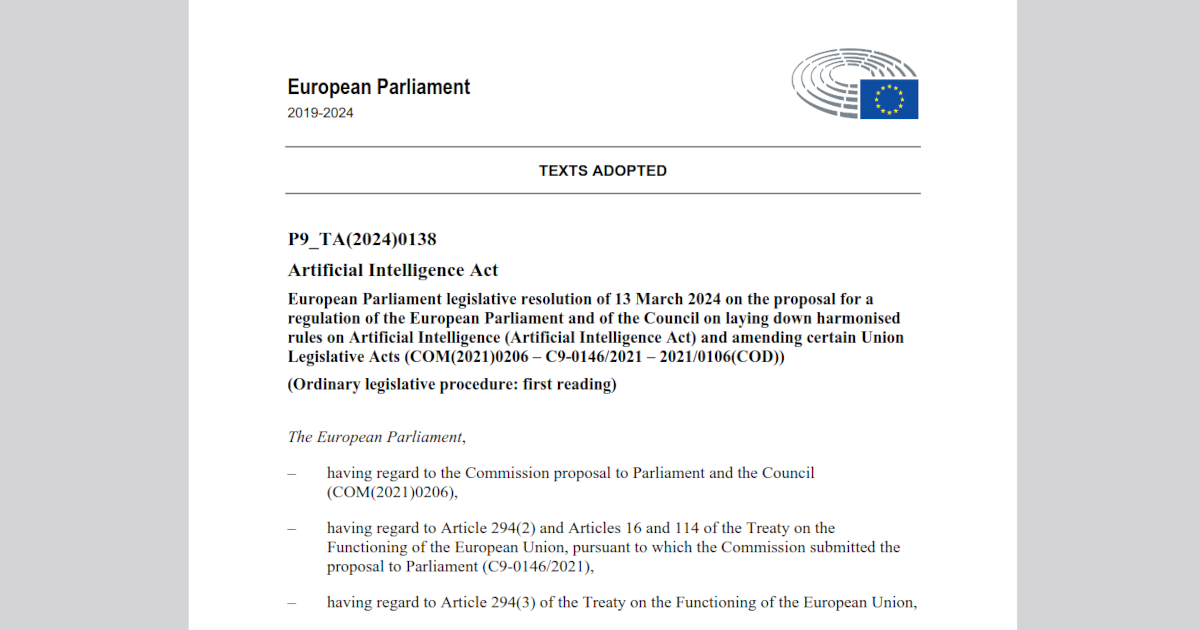 European Parliament Artificial Intelligence Act March 2024